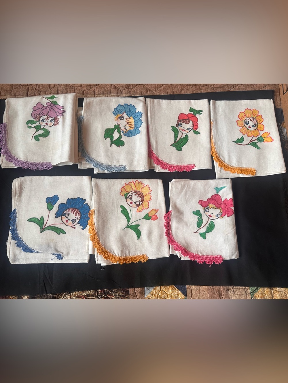 Hand-Embroidered Floral Face Cotton Tea Towels- Set of Assorted Colors